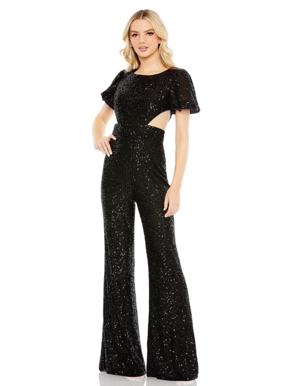 Mac Duggal Size 0 Black Sequined Puff Shoulder Illusion Cutout Jumpsuit Cocktail